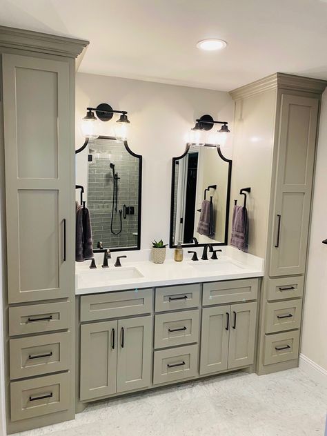 Double Entry Bathroom Layout, Custom Double Vanity Bathroom, Master Bathrooms With Corner Vanity, 2 Vanities With Cabinet In Middle, Bathroom Cabinet With Linen Cabinet, Master Bath With 2 Separate Sinks, Double Vanity Bathroom With Linen Closet, Double Vanity Storage Ideas, Double Vanity Cabinet Ideas