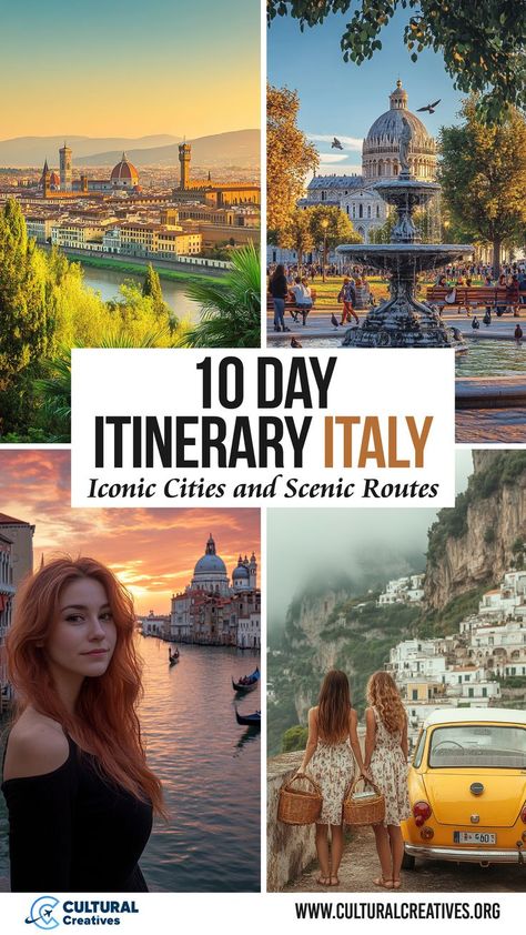 Collage showcasing a panoramic view of Florence, a vibrant Italian piazza with a fountain, a sunset over Venice, and a coastal road with colorful buildings, highlighting 10 Day Itinerary Italy: Iconic Cities and Scenic Routes. 10-14 Day Italy Itinerary, Best Cities To Visit In Italy, Italy Itenery, Itinerary Italy, Italian Getaway, 10 Days In Italy, 10 Day Itinerary, Italy Tour, Italy Trip Planning