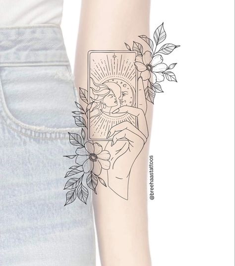 Tarot card tattoo floral tattoo hand tattoo floral design by @breehaastattoos feminine tattoo line work tattoo Tattoo Floral Design, Tattoo Line Work, Tarot Card Tattoo, Tarot Tattoo, Tattoo Floral, Card Tattoo Designs, Tattoo Line, Work Tattoo, Theme Tattoo