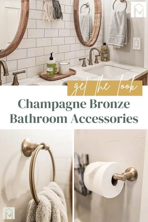 Bathroom Update with Champagne Bronze Bathroom Accessories Bathroom With Mixed Metal Finishes, Gray And Gold Bathroom, Delta Champagne Bronze Bathroom, Cream And Gold Bathroom, Champagne Bronze Bathroom, Bronze Bathroom Accessories, Oil Rubbed Bronze Bathroom, Bronze Fixtures, Bronze Bathroom