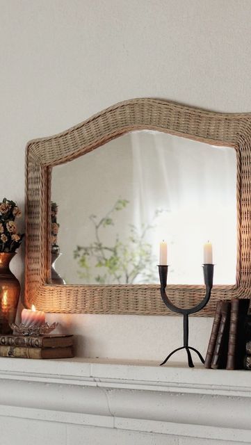 Alana on Instagram: "Here’s how I transformed my $30 white wicker mirror 😍 I wanted the natural wicker look without having to strip off the white paint so here’s what I did: -brush on FolkArt Camel paint. I did 2 layers and then some touch ups in the gaps (it dries matte) I used almost 3 little bottles of this. -once completely dry I used a brush again to very lightly apply Behr Dark Wax. Using only a little will give some dimension but too much will change the color so be careful of that An