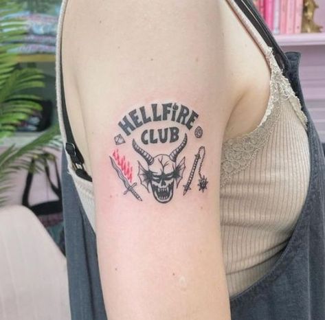 Tattoo Queen, Stranger Things Tattoo, Tattoo Design For Hand, Club Tattoo, Hellfire Club, Movie Tattoos, Half Sleeve Tattoos For Guys, Disney Tattoo, Doodle Tattoo