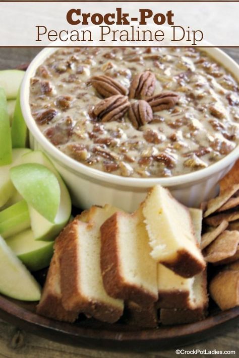 Crock-Pot Pecan Praline Dip - Serve this amazing Crock-Pot Pecan Praline Dip with slices of apples, pound cake or cinnamon pita chips for a sweet dip perfect for the holiday season! You can also spoon this over your favorite ice cream as a dessert sauce. Either way it is going to make your mouth water! [Gluten Free] #CrockPotLadies #CrockPot #SlowCooker #Dips #Dessert #Snacks Pecan Praline Dip, Cinnamon Pita Chips, Dips Dessert, Sweet Dip, Dessert Snacks, Crock Pot Dips, Dessert Dip, Pecan Praline, Dessert Sauce