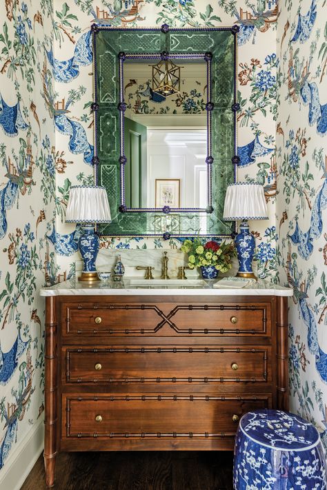 East Coast Style, Trellis Wallpaper, Enchanted Home, Atlanta Homes, Luxe Interiors, Powder Bath, Stylish Bathroom, Glass Shower Doors, Pierre Frey