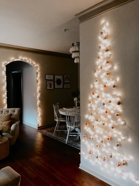 Tree Out Of Lights On Wall, Wall Lights Christmas Tree, Tinsel Wall Christmas Tree, Minimalist Christmas Lights, Light Christmas Tree On Wall, Christmas Tree Lights On Wall, Kids Bedrooms Boys, Christmas Lights In Room, Light Christmas Tree