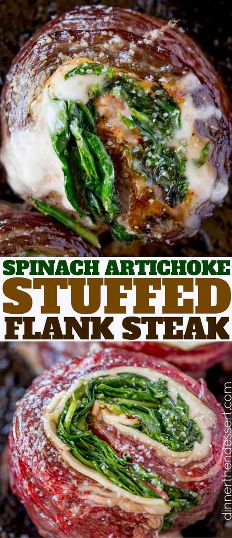 Spinach Artichoke Stuffed Flank Steak is a show stopping dish with provolone, spinach and artichokes that is dinner party ready in half an hour. Flak Steak Recipes, Stuffed Skirt Steak, Fajita Roll Ups, Stuffed Flank Steak, Artichoke Stuffed, Seared Salmon Recipes, Skirt Steak Recipes, Flank Steak Recipes, Beef Dinners