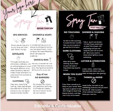 Spray tan instructions pre and post tanning Small Spray Tan Room Ideas, Spray Tan Supplies, Mobile Spray Tanning Business, Tanning Salon Decor, Spray Tan Room, Spray Tan Tips, Spray Tan Salons, Tan Instagram, Tanning Room