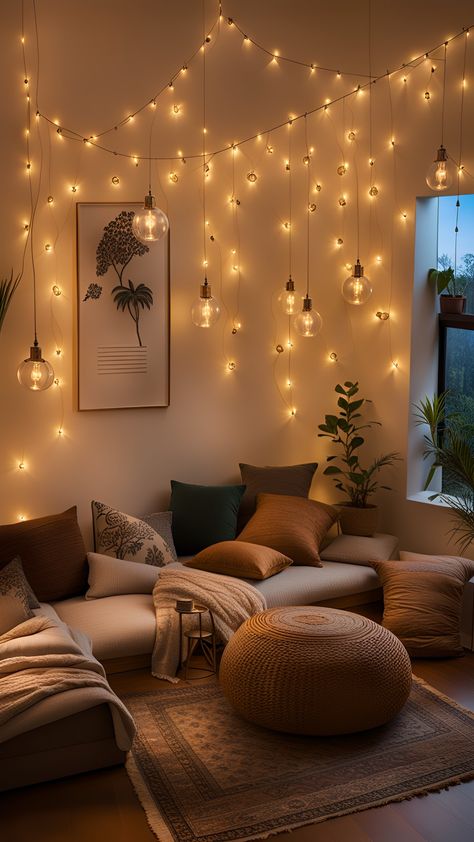 Bedroom Bliss: Cozy Lighting Ideas for a Peaceful Sleep Inside Lights Decor, Light Bulb Lights Bedroom, Living Room Lighting At Night, Warm Room Lighting, String Lights In Living Room, Warm Lights Bedroom, Soft Lighting Living Room, Comfy Lighting, Room Light Ideas