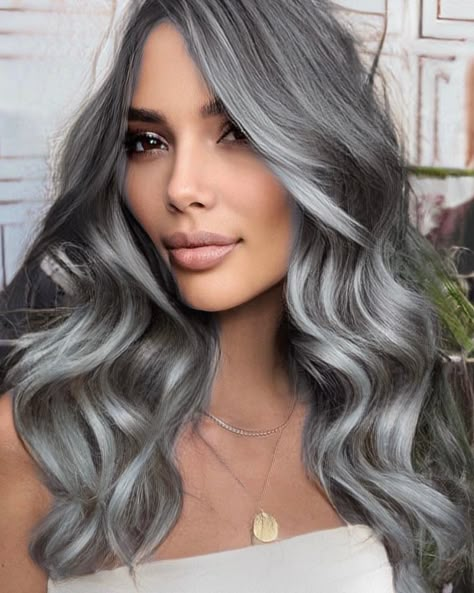 Silver Hair Color Ideas For Brunettes, Silver Wavy Hair, Dark Silver Hair Color, Smokey Silver Hair, Smokey Grey Hair, Grey Hair Colour, Dark Silver Hair, Grey Hair Model, Charcoal Hair