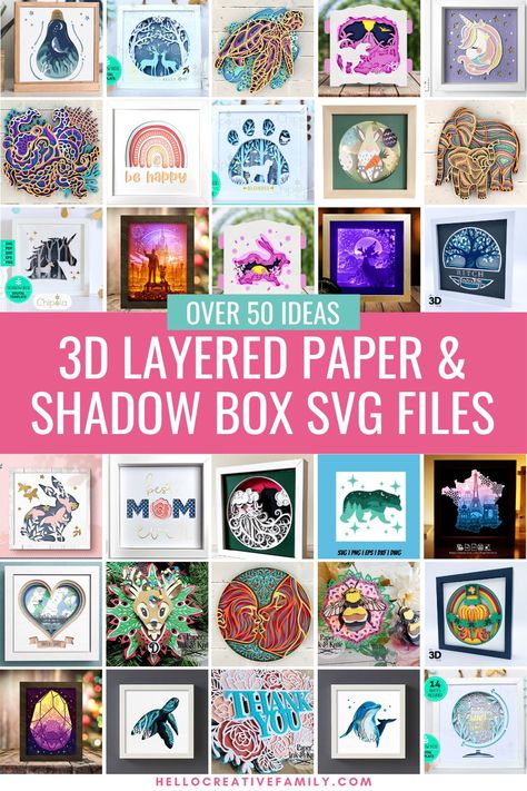 Creating layered paper projects and shadow boxes out of cardstock with your Cricut is one of the most popular Cricut projects! We're sharing a ton of tips, tricks and ideas so that you'll be making 3d layered paper art with your Cricut like a pro! Includes over 50 layered paper project SVGs! Cricut Paper Layering, Cricut 3d Pictures, 3d Layered Shadow Box Svg, Cameo Paper Projects, 3d Shadow Box Ideas Silhouette Projects, Basic Cricut Projects, Cricut Magnet Ideas, Cricut Card Stock Ideas, How To Make A Shadow Box With Cricut