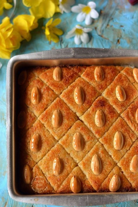 Basbousa Recipe, Lebanese Desserts, Halloumi Salad, Arabic Dessert, Semolina Cake, Arabic Sweets, Potato Gratin, Egyptian Food, Indian Dessert Recipes