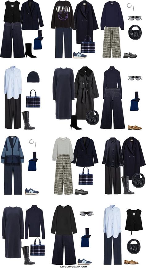 Navy Black Outfit, Navy Blue Capsule Wardrobe, Blue And Black Outfits, Black And Navy Outfit, Navy And Black Outfit, Blue Capsule Wardrobe, Navy Blue Outfits, Navy Capsule Wardrobe, Dark Blue Outfit