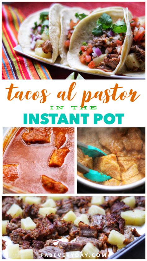 New Instant Pot® Tacos al Pastor recipe I developed for Allrecipes! Click or visit FabEveryday.com for details on my delicious marinated pork taco recipe using the Instant Pot® to prepare the meat! Pin this one to your Instant Pot®, multicooker, pressure cooker, and party recipe boards! #newrecipe #recipes #allrecipesallstars #allrecipestastemakers #cook2follow #instantpot #instapot #instantpotrecipe #muticooker #pressurecooker #pork #tacos #tacosalpastor #marinade #foodblog #foody #fabfood Tacos Al Pastor Instant Pot, Al Pastor Recipe Instant Pot, Al Pastor Instant Pot, Instant Pot Tacos, Taco Bar Recipes, Al Pastor Meat, Pork Taco Recipe, Al Pastor Recipe, Tacos Al Pastor Recipe