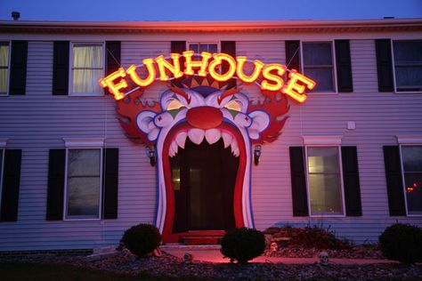 Creepy carnival was our 2012 Halloween theme. Hand built this 15ft tall evil clown facade with lighted eyes and the 15ft wide lighted funhouse sign. Sold the facade to a haunted house in Barberton, Ohio and the funhouse sign is available for $500 or 75 per letter. Ghosted Aesthetic, Creepy Carnival Aesthetic, Halloween Funhouse, Haunted Circus, Dark Carnival, Haunted Carnival, Flatwoods Monster, Creepy Carnival, Halloween Circus