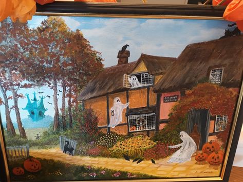 Ghost Town Painting, Ghosts Painting, Thrifted Halloween, Spooky Cottage, Town Painting, Shop Painting, Ghost Painting, Halloween Crafting, Painting Challenge