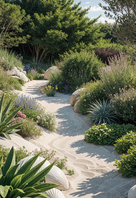 Sand Garden Ideas, Beach Garden Design, Aesthetic Gardens, California Landscaping, Sand Garden, Citrus Garden, Garden Sanctuary, Stunning Aesthetic, Gardening Aesthetic