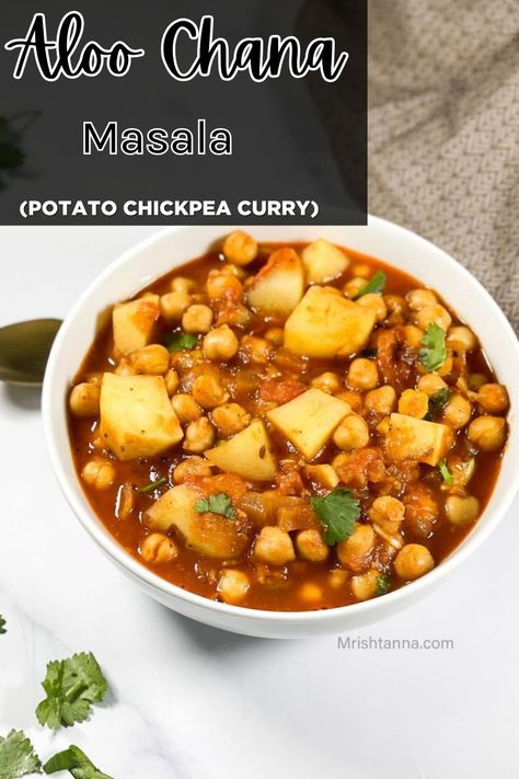 If you’re looking for a tasty and hearty dish to prepare in less than 40 minutes, the Aloo Chana Masala recipe is a perfect choice! This classic Indian curry blends potatoes and chickpeas with zesty ginger, garlic, and aromatic spices to create a savory dish. Chana Aloo, Potato Chickpea Curry, Aloo Chana, Chana Masala Recipe, Chana Recipe, Aloo Curry, Potato Chickpea, Canning Diced Tomatoes, Fenugreek Leaves