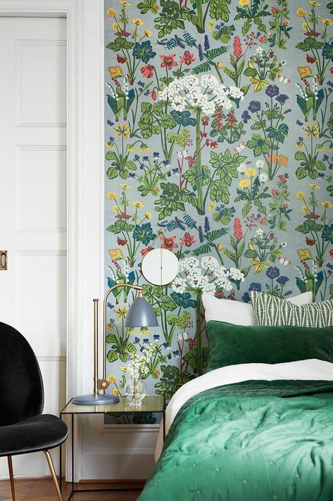 This large scale floral mural is a work of art. Beautiful wildflowers and dandelions with a Scandinavian style grown up the wall. A linen print adds dimension. Comes on two panels that measures 2-ft 9-in wide by 8-ft 7-in high. From the Scandinavian Designers II Collection: Boråstapeter's Scandinavian Designers II takes a new look at archive wallpapers. The works of Arne Jacobsen, Stig Lindberg, Viola Gråsten, and the Jobs sisters have been compiled with prints spanning most of the 1950's, 60's, Boutique Wallpaper, Floral Wallpaper Bedroom, Nursery Accent Wall, Wallpaper For Bedroom, Brewster Wallpaper, Floral Bedroom, Walter Gropius, Plywood Furniture, Arne Jacobsen