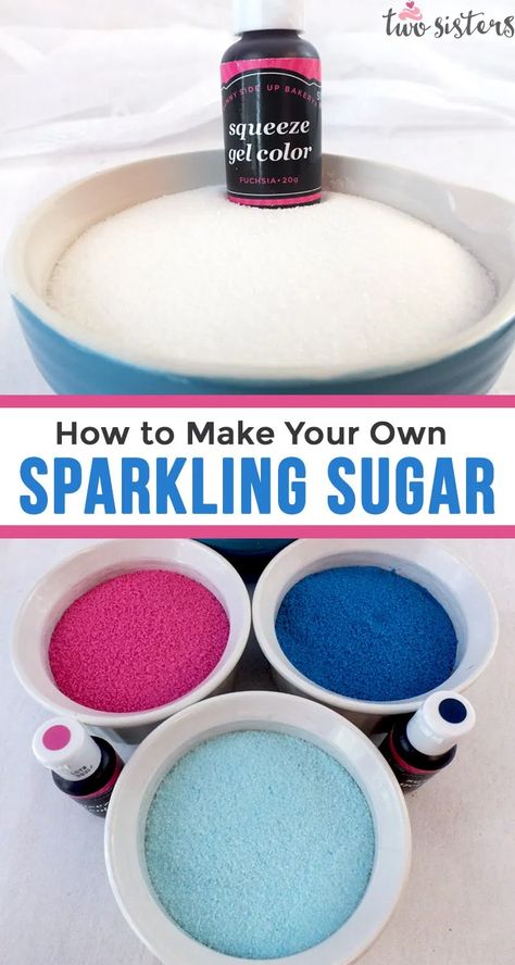 How to Make Your Own Sparkling Sugar - we have step by step directions on how to make your own homemade colored sugar sprinkles. Now you can have edible glitter sugar in any color your want! Throw out that store bought sanding sugar and make your own, it couldn't be easier! Follow us for more great baking and decorating tips. #SandingSugar #SparklingSugar #GlitterSugar Homemade Edible Glitter, How To Make Colored Sugar, Edible Glitter Sugar, Homemade Sprinkles, Diy Sprinkles, Galaxy Party, Sanding Sugar, Colored Sugar, Sugar Sprinkles