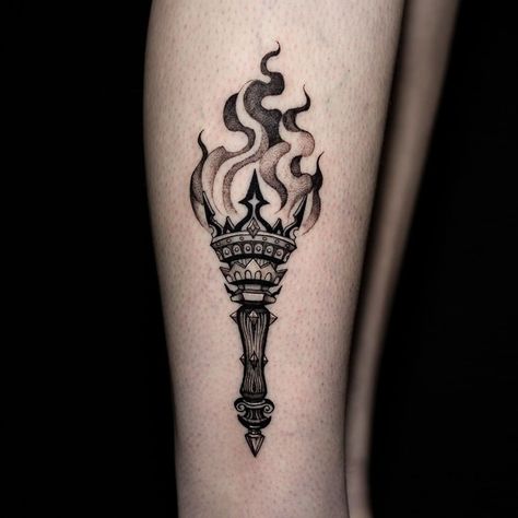 Hecate Torch Tattoo, Blackwork Fire Tattoo, Greek Torch Tattoo, Hecate Torch, Torch Tattoo Design, Hecate Tattoo, Torch Tattoo, Courage Tattoos, Dark Skin Tattoo