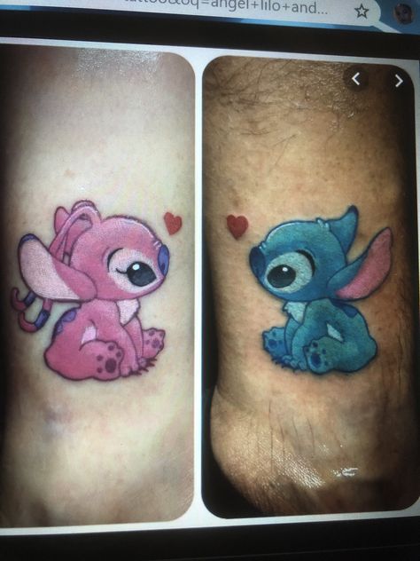 Lilo And Stitch Angel Tattoo, Angel Stitch Tattoo, Stitch And Angel Tattoo Couple, Stitch And Angel Tattoo, Tattoo Partner, Girlfriend Tattoos, Disney Inspired Tattoos, Couples Tattoo, Cuff Tattoo