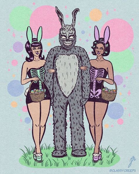 Jenny Richardson 🦇 on Instagram: “Why are you wearing that stupid bunny suit?🐰 . . . #donniedarko #donniedarkoart #easterbunny #easter #easterart #easterween #happyeaster” Jenny Richardson, Sixteen Candles Movie, Easter Family Pictures, Pop Art Drawing, Donnie Darko, Bunny Suit, Creepy Horror, Funny Horror, Easter Photos