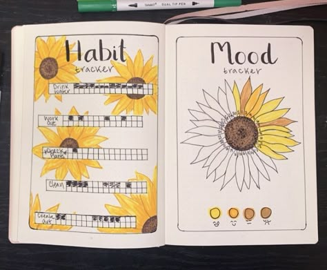 Sunflower Habit Tracker, August Habit Tracker Bullet Journal, September Bullet Journal Habit Tracker, Bujo Sunflower Theme, Sunflower Journal Ideas, Sunflower Bullet Journal Theme, August Bullet Journal Mood Tracker, Sunflower Mood Tracker, Journal Ideas August