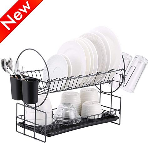 Amazon.com: 2 Tier Dish Drying Rack, Kitchen Organizer with Drainboard/Cutlery Cup (Gray): Kitchen & Dining Draining Board, Metal Sink, Utensil Caddy, Dish Drying Rack, Rack Kitchen, Cutlery Holder, Dish Drainers, Grey Metal, Dish Rack Drying