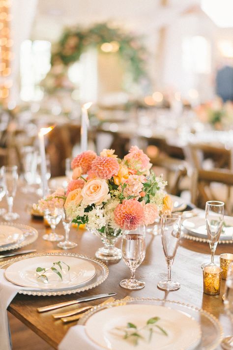 Sophie Felts Peach Centerpiece Wedding, Yellow Wedding Table Decorations, Pastel Pink And Orange Wedding, Peach And Yellow Wedding Flowers, Peach Wedding Florals, Pastel Floral Centerpiece Wedding, Small Floral Centerpieces, Peach And White Wedding Florals, Peach Centerpieces