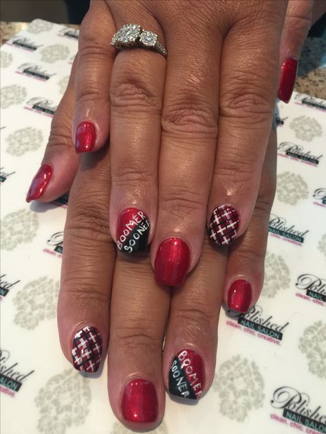 Boomer sooner nails by Heather @ Polished Nails in Yukon, OK Ou Nails Boomer Sooner, Football Nails, Mani Pedi, Nails Inspiration, Gel Nails, Nail Art, Nails, My Style, Color