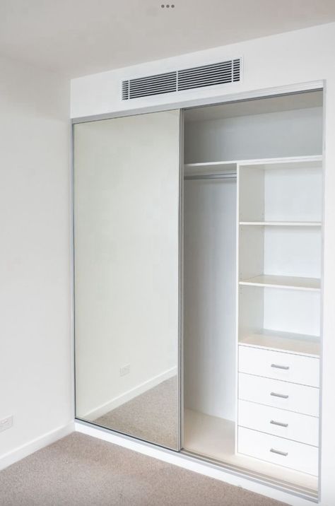 House Wardrobe Design, Small Closet With Sliding Doors, Small Wardrobe With Sliding Doors, Custom Wardrobe Design, Wardrobe Design Mirror Door, Small Wardrobe With Mirror, Minimalistic Wardrobe Design, Closet Doors Aesthetic, Small Room With Wardrobe