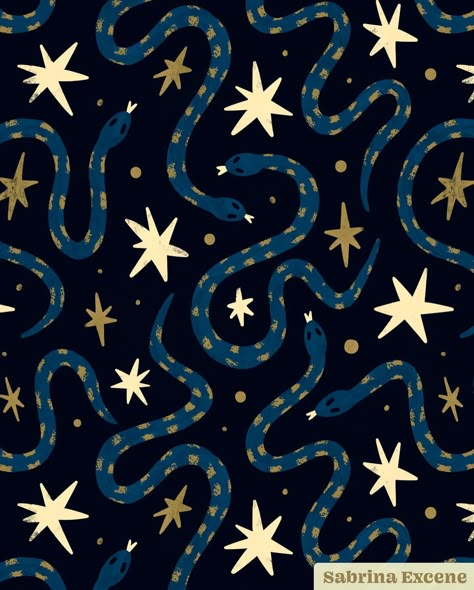 Serpents + Sparkles 🐍✨ Magical and mystical witchy pattern with blue snakes and gold night stars. . . #snakeart #snakepattern #halloweenpattern #femaleillustrators #ladieswhodesign  #womenofillustration #spookyszn #halloweenart #drawlloween #artchallenges #halloweenspirit #spookyart #spookyaesthetic #artlicensing #procreateart Magical Snake Art, Celestial Color Scheme, Celestial Pattern Design, Punk Painting, Witchy Illustration, Whimsigoth Bedroom, Witchy Pattern, Celestial Illustration, Gold Night