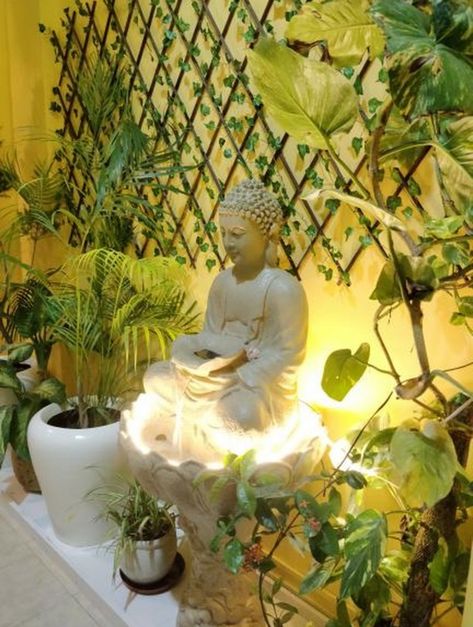 Decor Inspiration All Around On #RittikaLookAtThis • One Brick At A Time Buddha In Balcony Garden, Buddha Corner Decor Garden, Buddha Decoration Ideas, Backyard Garden Design Ideas, Buddha Statue Decor, Buddha Statue Home, Ideas Terraza, Creative Backyard, Buddha Home Decor