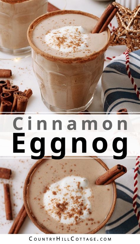 Celebrate the holidays with a festive cinnamon eggnog! This easy spiced eggnog recipe combines creamy eggnog and warming cinnamon for the coziest sip of the season. It's a delicious drink to warm up your festive celebrations. Eggnog is a classic wintertime and holiday drink. It has a rich, creamy texture and is traditionally made with milk, sugar, egg yolks, and sometimes egg whites. This homemade cinnamon eggnog is beautifully thick and creamy and wonderfully spiced. | CountryHillCottage.com Eggnog Drinks Nonalcoholic, Egg Nog Recipe Homemade, Eggnog Treats, Eggnog Pancakes Recipe, Holiday Coffee Drinks, Eggnog Pancakes, Alcoholic Eggnog, Dairy Free Egg Nog, Eggnog Recipes