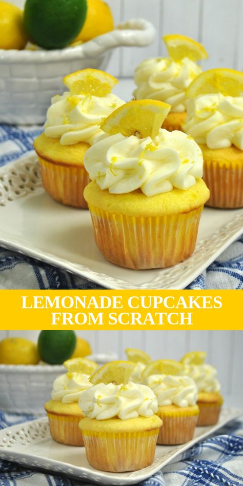 Lemonade cupcakes from scratch are a refreshing citrus twist on cupcakes. With a delicate crumb and bright flavor of lemon running through the cupcakes and frosting, these homemade cupcakes are a summer treat every lemonade lover will enjoy. #cupcakes #cupcake #cupcakerecipe #cake Lemon Zest Cupcakes, Lemon Crunch Cupcakes, Homemade Lemon Cupcakes, End Of Summer Cupcakes, Lemon Cupcakes With Lemon Curd Filling, Baking For Beginners Recipes, Lemon Cupcakes From Scratch, Summertime Cupcakes, Summer Cupcakes Ideas