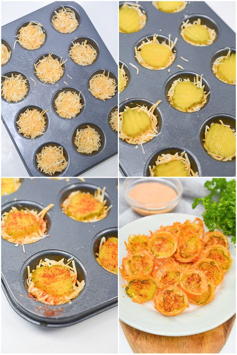 Keto Pickle Chips in Cheese Muffin Pan Recipe, Quick 15 min 2 ingredients, 3 seasonings, fried pickle alternative. #keto #lowcarb #ketorecipes #easyketo #quickketo #ketosnacks #lowcarb #friedpickles #cheese #cheesypickles #muffintinrecipes #muffinpanrecipes #ketoappetizers Keto Pickle Chips, Fried Pickle Chips, Baked Pickles, Muffin Pan Recipes, Cheese Muffin, Fried Pickles Recipe, Easy Low Carb Snacks, Pan Recipe, Pickle Chips