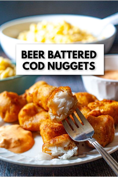 These easy beer battered cod nuggets are perfect for a family fish dinner. Skip the fish fry this year and make your own crispy, fried fish along with an easy sriracha tarter sauce! Fish Fry Dinner, Cod Nuggets, Fried Cod Recipes, Fish Nuggets, Beer Battered Cod, Battered Cod, Fried Cod, Fish Dinner Recipes, Beer Battered Fish