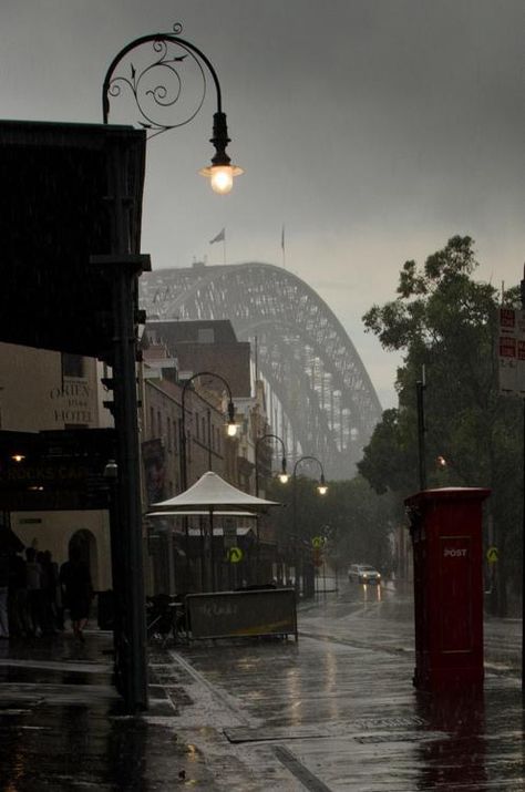 I love this pic of a rainy day in 'The Rocks' district, Sydney - Sydney Harbour Bridge Sydney + Core + Aesthetic, The Rocks Sydney, Sydney Photography, Sydney Travel, Sydney City, Harbour Bridge, Sydney Harbour, On A Rainy Day, A Rainy Day