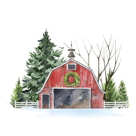 Farm Christmas Painting, Christmas Farm Painting, Christmas Barn Painting, Barn Watercolor, Business Card Info, Barn Drawing, Farmhouse Logo, Watercolor Barns, Animals Logo