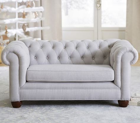 Chesterfield Mini Sofa Quick Ship (1-3 weeks) Natural Linen 47.75"W x 24.75"D x 22.5"H Small Couch In Bedroom, Pottery Barn Sofa, Cheap Couch, Mini Sofa, Childrens Bedroom Furniture, Small Couch, Loft Furniture, Sofa Inspiration, Bedroom Couch