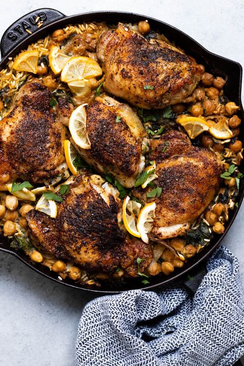 One Pan Chicken and Rice with Chard and Chickpeas — Amanda Frederickson Chickpeas And Rice Recipe, Thing To Make For Dinner, Chickpea And Rice Recipe, One Pan Chicken And Rice, Chickpeas And Rice, Chicken With Chickpeas, Cooking Duck, Dried Chickpeas, Chicken And Rice Dishes