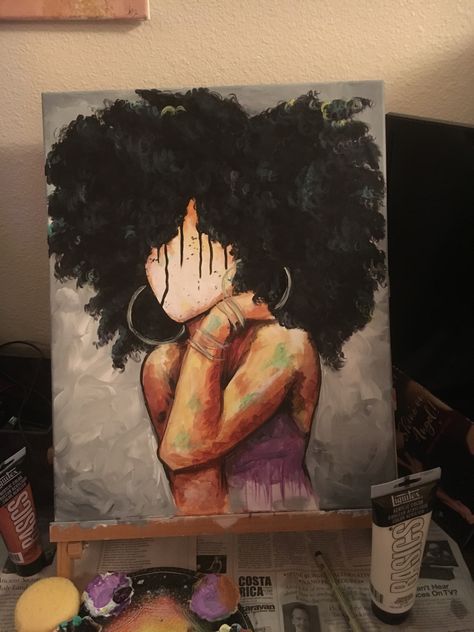 Afro Woman Painting, Afro Canvas Painting, Painting Afro Hair, Afro Acrylic Painting, How To Paint Afro Hair, Curly Hair Painting Canvas, Black Woman Painting Canvases, Afro Art Paintings, Afro Hair Painting