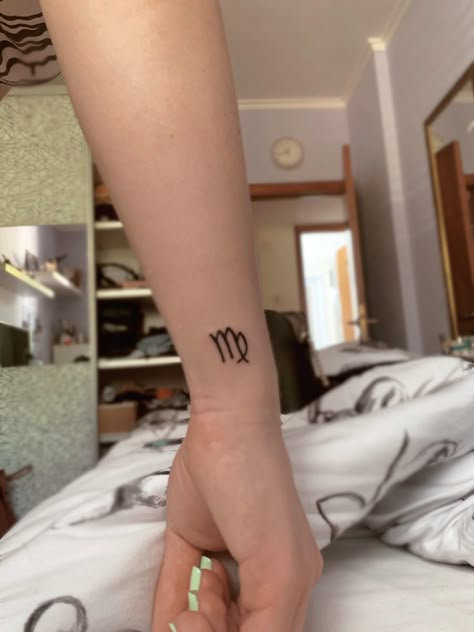 Virgo Tattoo Wrist, Cool Virgo Tattoos, Red Virgo Tattoo, Small Tattoos Virgo, Virgo Sign Tattoo, Tattoo Virgo, Heartbeat Tattoo Design, Tattoo Sign, Virgo Tattoo Designs