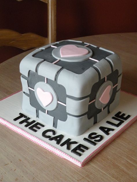 Portal Cake, Video Game Cakes, Companion Cube, Cube Cake, Cake Sizes, Just Bake, Grooms Cake, Fondant Cakes, Pretty Cakes