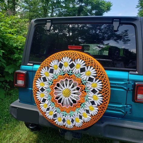 Crochet For Car, Catapult Craft, Crochet Tire Cover, Crochet Spare Tire Cover, Crochet Car Seat Cover, Tokyo Spring, Interesting Crochet, Car Interior Diy, Jeep Tire Cover