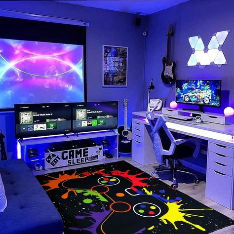 Teen Boys Gaming Bedroom Ideas, Gaming Room Design Ideas, Bedroom Ideas For Boys Age 10, Boy Gaming Bedroom Ideas, Gaming Area In Bedroom, Teen Boy Gaming Bedroom, Boy Gaming Room, Teen Gaming Bedroom, Boy Gamer Room