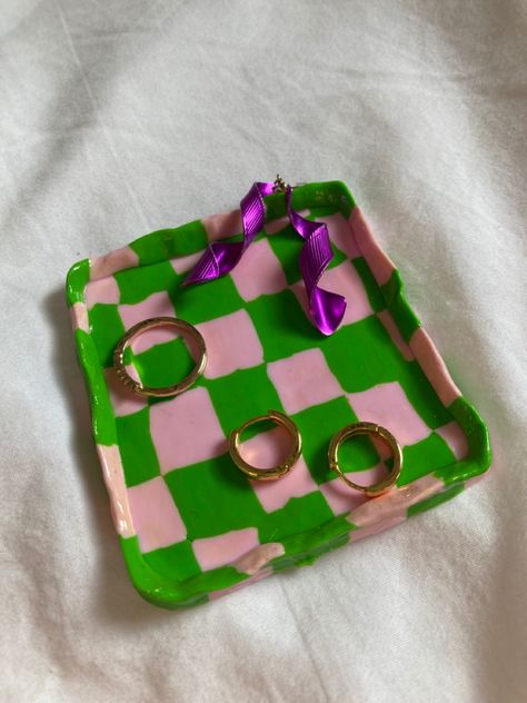 Card Clay Tray, Diy Modeling Clay, Danish Pastel Jewelry Dish, Checkered Clay Tray, Ceramic Trinket Tray, Clay Trinket Tray, Trinket Dish Pink, Diy Pottery Painting, Clay Stuff