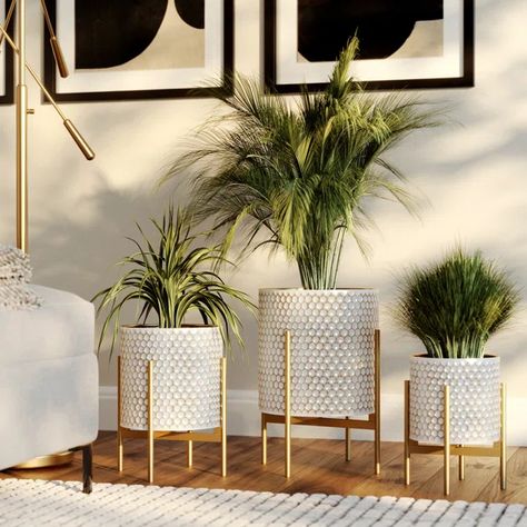 Metal Indoor Pot Planter White And Gold Bedroom With Plants, Golden Living Room, Mid Century Modern Plants, French Mid Century Modern, Sophisticated Home, Modern Planter, Mantle Shelf, Minimal Furniture, Living Room Plants