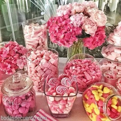 Pink Snack Bar Ideas, Pink Candy Buffet Birthday, Barbie Party Candy Table, Pink Candy Bar Ideas, Barbie Candy Bar Ideas, Pink Candy Table Ideas, Barbie Candy Table, Pink Candy Table, Sweet 16 Candy Bar