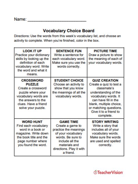 This choice board is a great way for your students to practice the week's vocabulary words. Give your students a new list of vocabulary words each week. They will choose activities to demonstrate their understanding of the words' meanings and correct usage. This choice board is perfect for reading centers, homework, or early finisher activities. It is perfect for grades 3-5. #choiceboard #vocabulary #elementaryschool 3rd Grade Choice Boards, Choice Boards 3rd Grade, High School Choice Boards, Choice Boards High School English, Vocabulary Words Activities, Vocabulary Choice Board, List Of Vocabulary Words, Vocabulary Centers, Reading Assessment